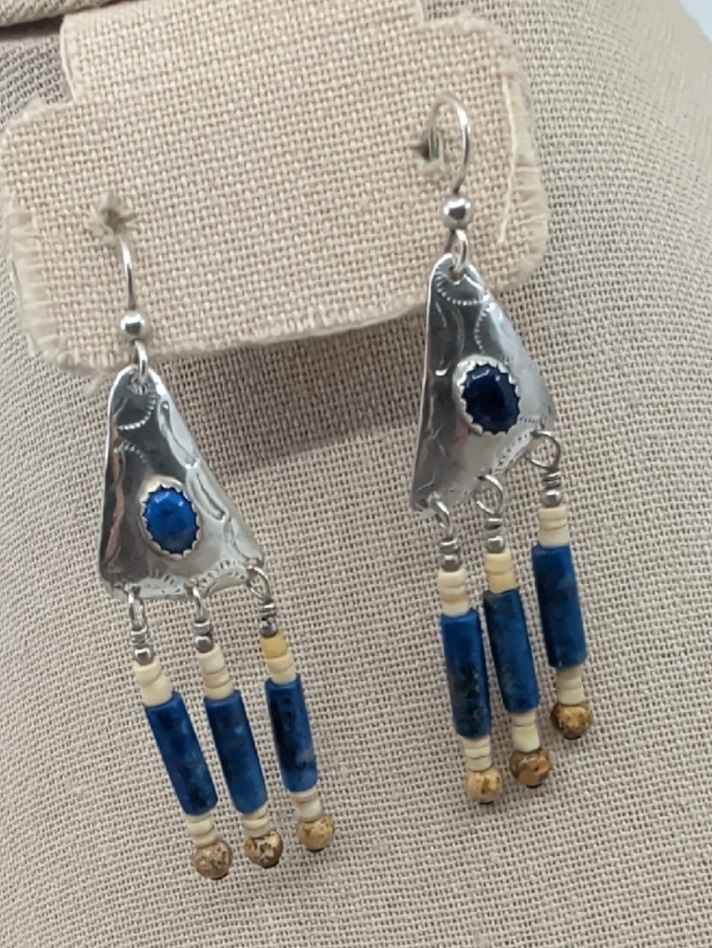 Vintage Sterling 925 Lapis Southwestern Fringe Long Drop Earrings Boho 1990s - Picture 12 of 17